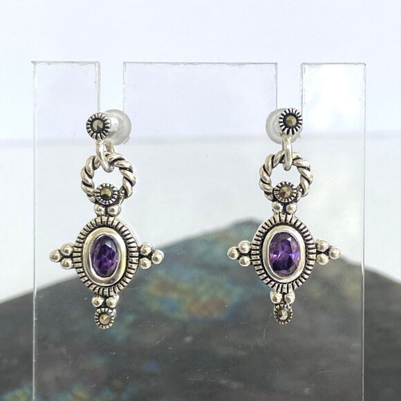 Sterling Silver 925 Oval Purple CZ & Marcasite Rope Accent Dangle Drop Earrings - Picture 3 of 16